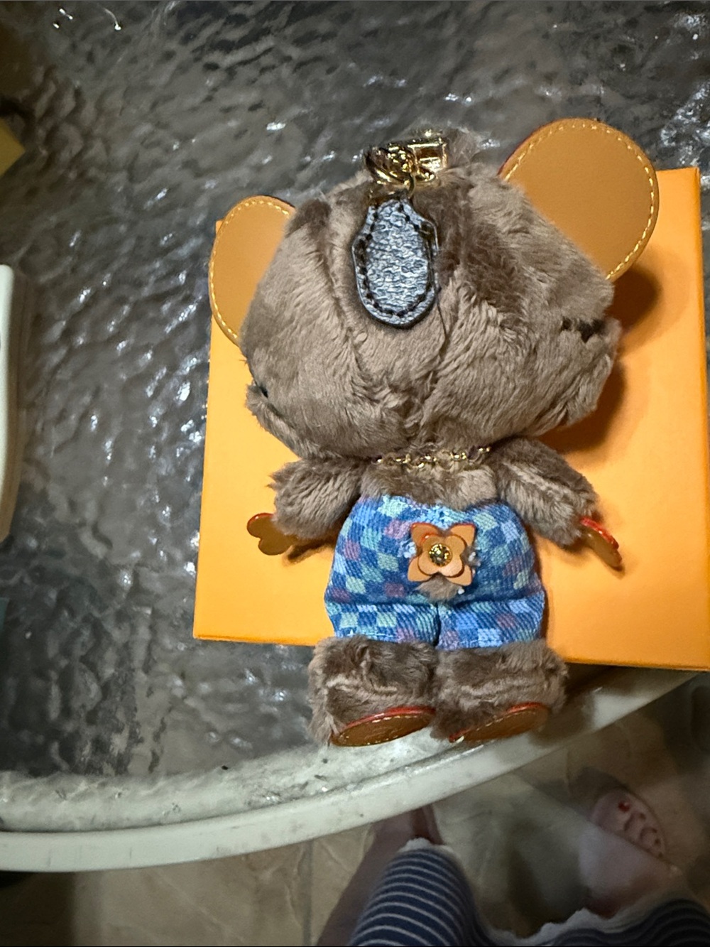 Louis Vuitton Brown Plush Bear Keychain with Blue Plaid Shorts and Black Goggles - Picture 3 of 6